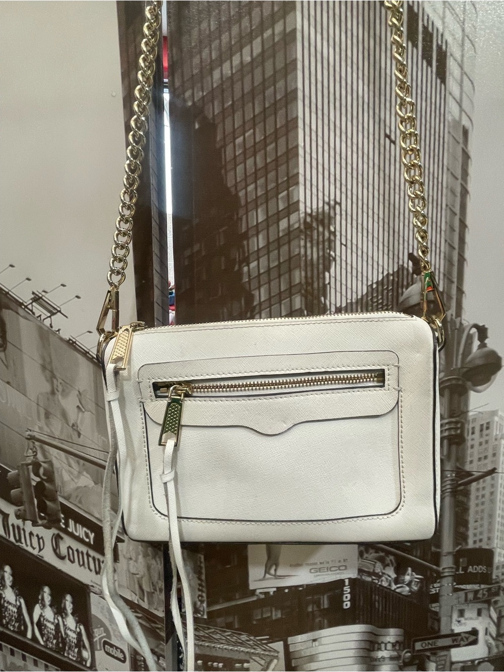 Rebecca Minkoff Crossbody Bag Cream Ivory White Leather & Gold Chain Strap Cute!